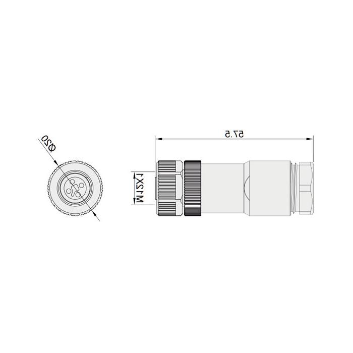 M12 4Pin, T-coded, straight female head, screw connection, 64TS01