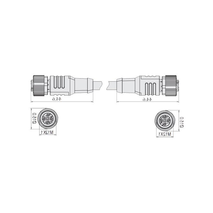 M12 4-PIN D-coded, female head straight turn female head straight, double end pre-cast PVC non-flexible cable, with shielding, gray sheathing, 64DD67-XXX